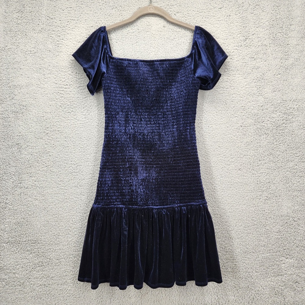 AQUA Womens Navy Blue Smocked Velvet Flutter Sleeve Ruffle Mini‎ Dress Medium